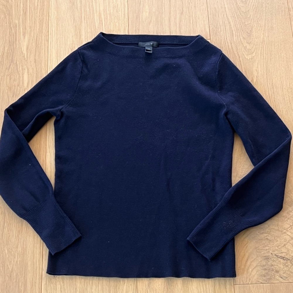 J. Crew Navy Long-Sleeve Boatneck Thin Wool & Cotton Sweater XXS
